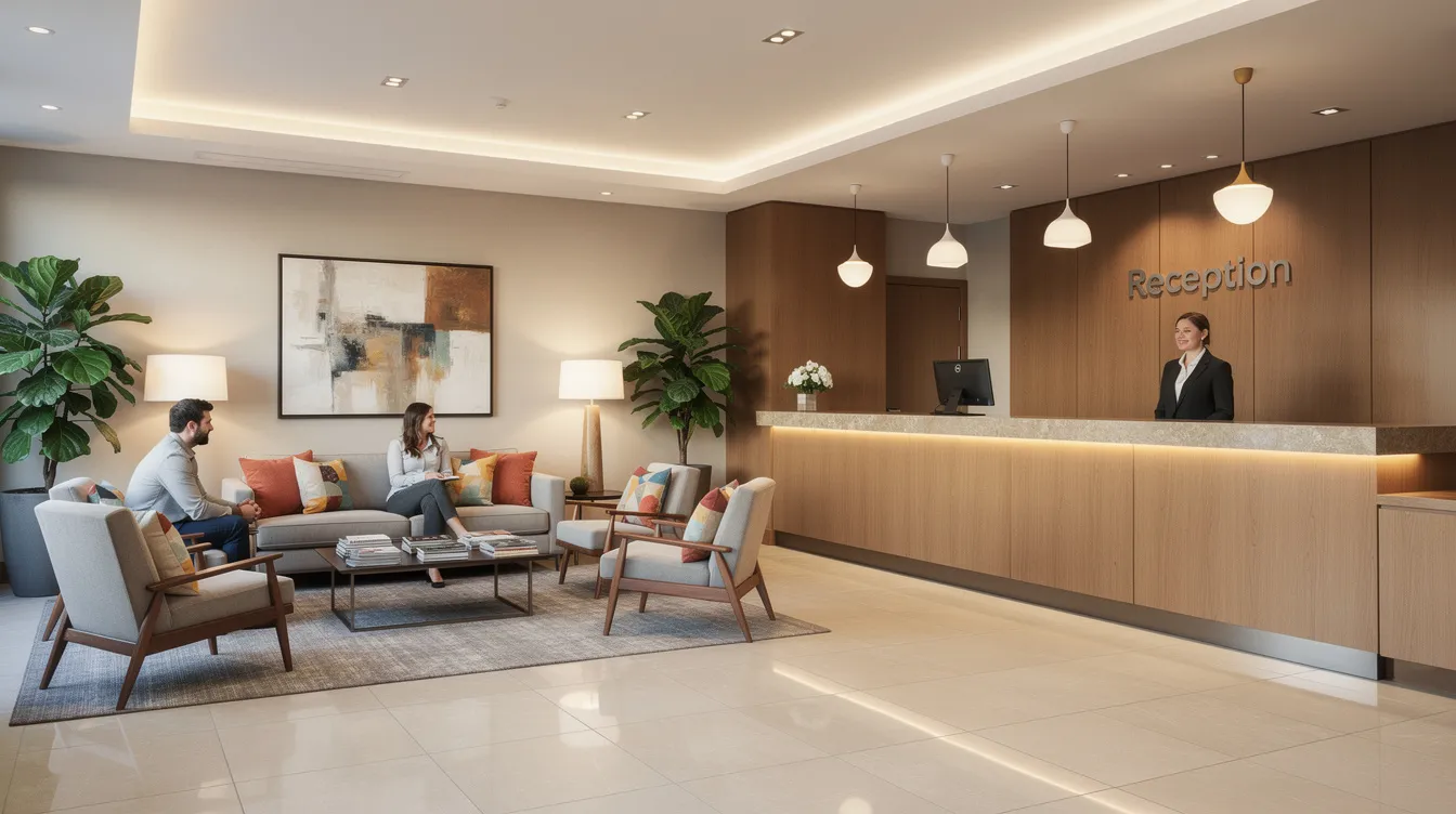 6eacb784 f644 4b16 8e31 20dd5748438d The image depicts a well-appointed mid-scale hotel lobby featuring a reception desk and a comfortable seating area, designed to enhance the guest experience in the hospitality industry. This inviting space reflects the thoughtful investment in hotel development costs, showcasing modern amenities typical of a 3-star hotel.
