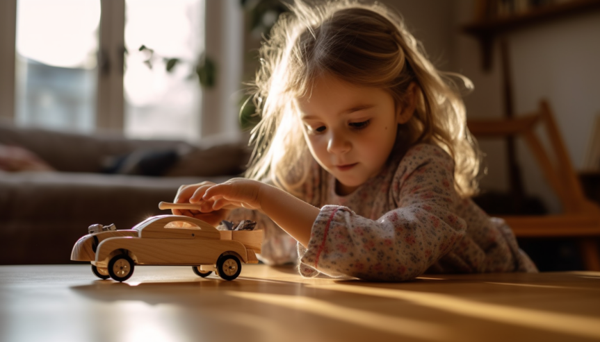 An illustration showing a child playing with a toy car, demonstrating the basics of physics for kids related to forces and motion.