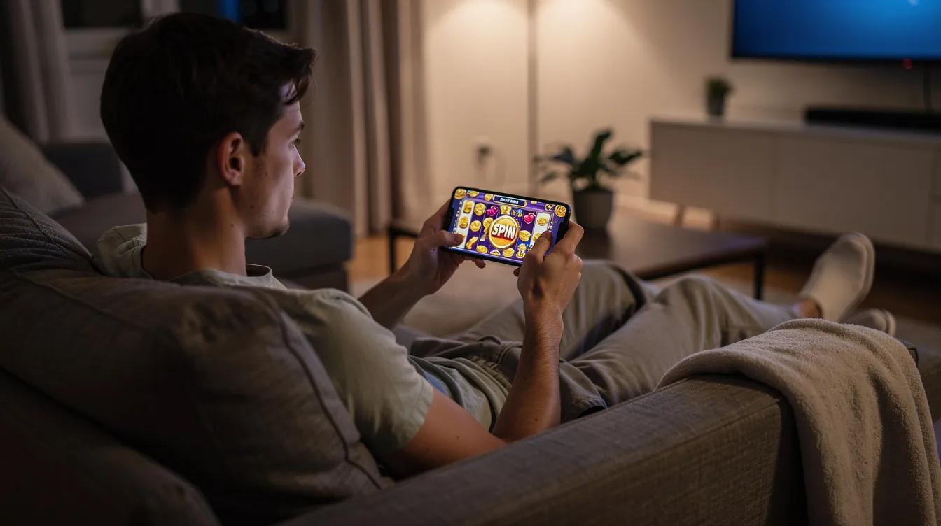 A person is comfortably lounging on a sofa, focused on their smartphone as they explore various online casino games. The scene captures the essence of mobile play, highlighting the enjoyment of playing slots and the excitement of potential casino bonuses.