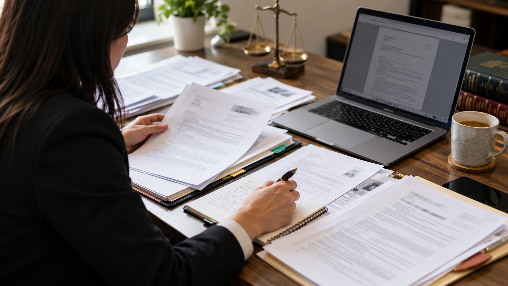 Solicitor preparing an administrative court judicial review claim with a decision letter, supporting evidence, pre-action correspondence and court documents arranged on a professional legal desk.