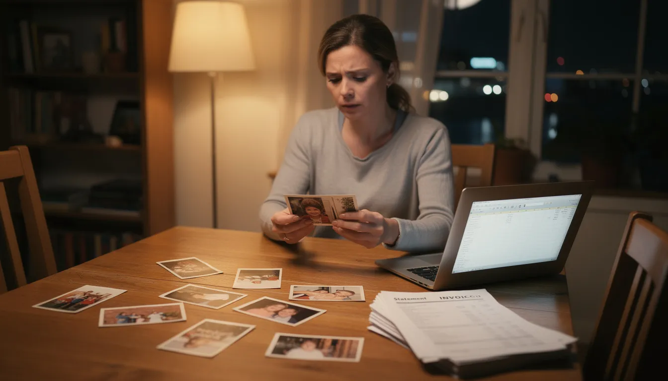 A woman sits thoughtfully surrounded by childhood photos and financial documents, reflecting on her past experiences and beliefs about money. This moment captures her journey towards a positive money mindset, as she contemplates her financial goals and the impact of her upbringing on her current financial situation.