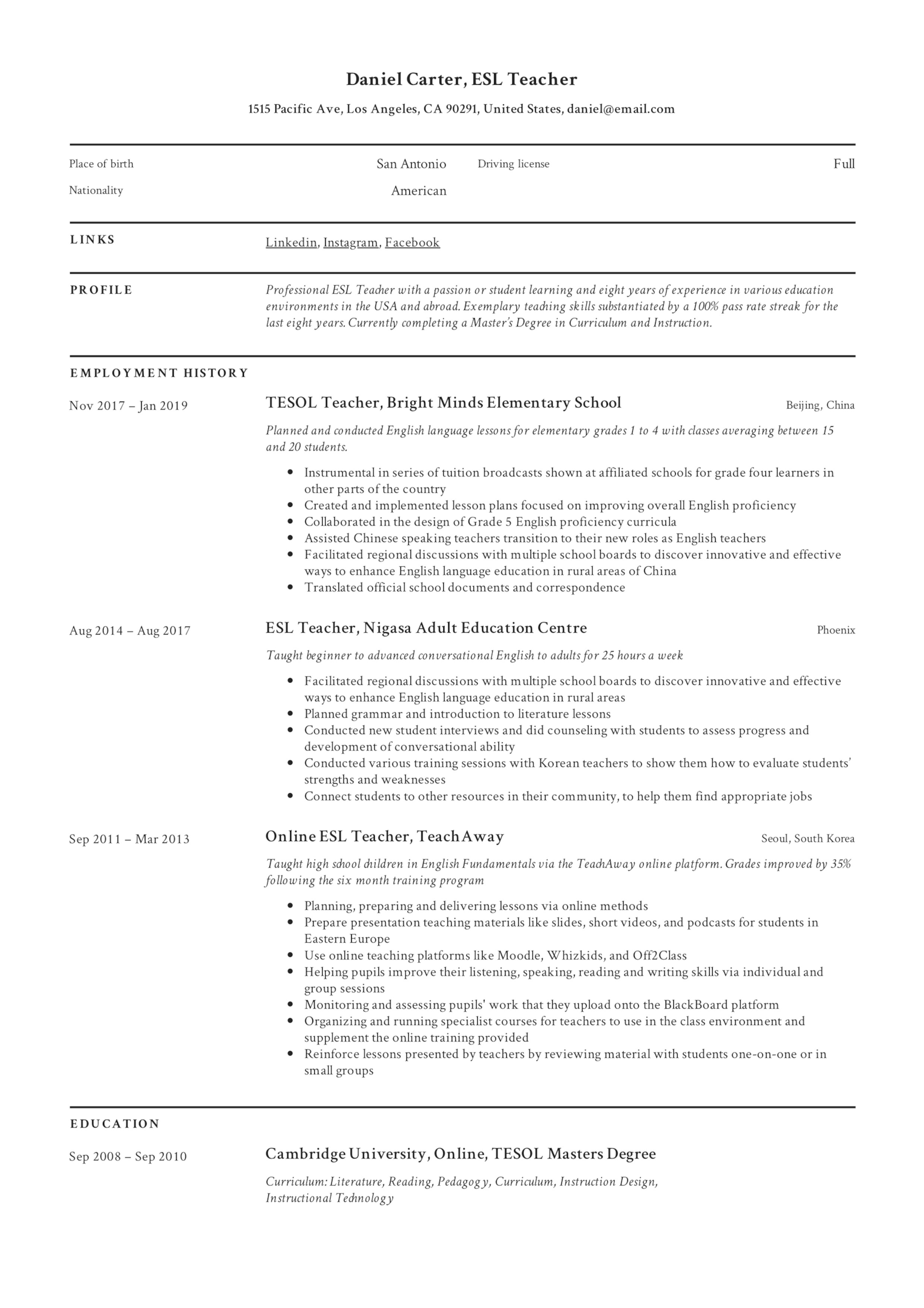 tefl resume example no experience