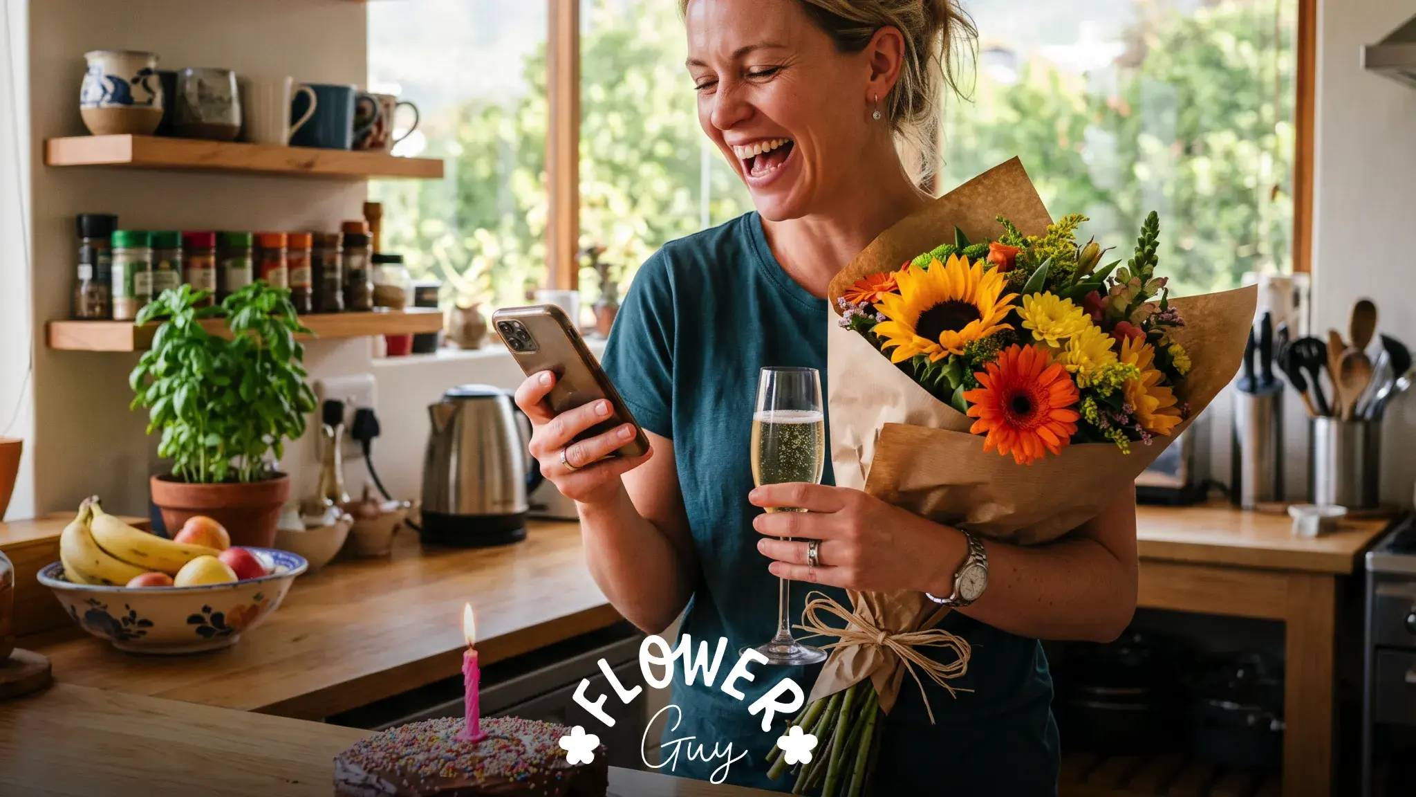 South African woman laughing at funny happy birthday messages on phone with sunflower bouquet and birthday cake