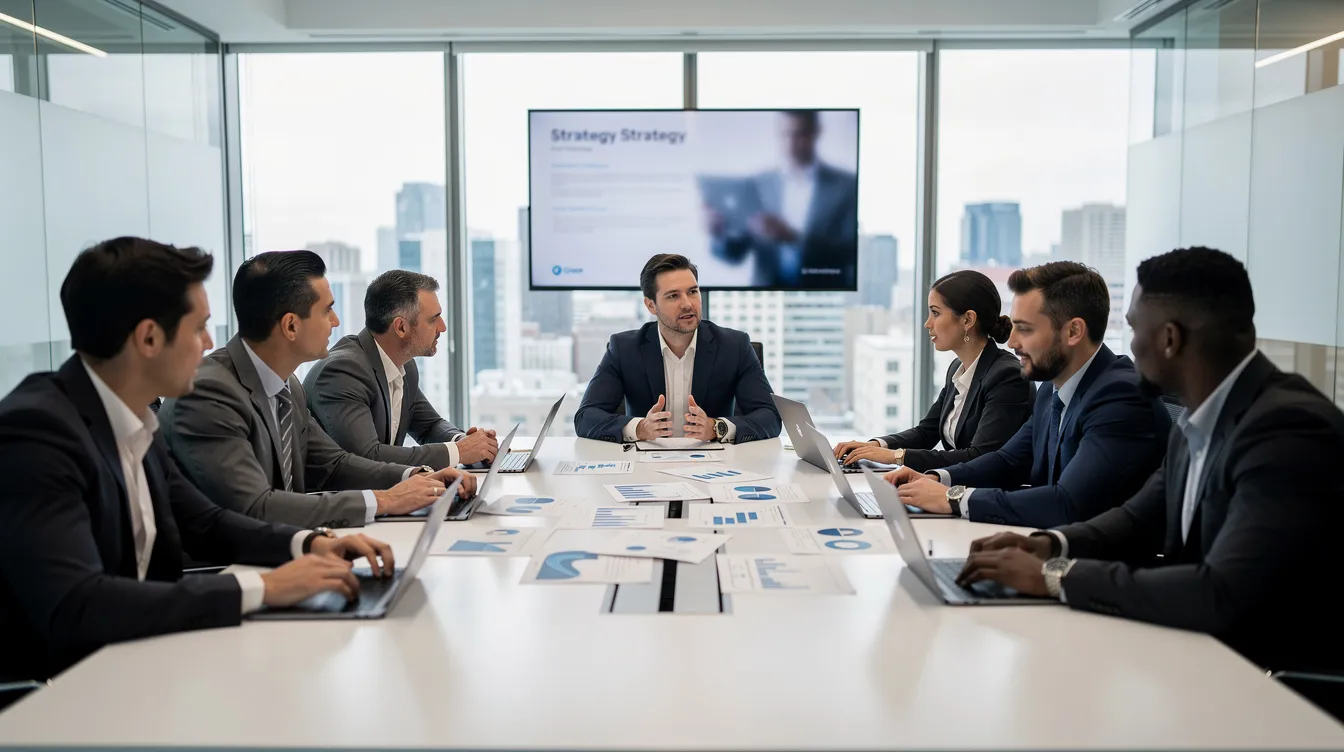 12 A diverse business team is engaged in a strategic discussion around a conference table, equipped with laptops and documents, focusing on risk management strategies and the process of identifying and assessing potential risks. The atmosphere is collaborative as they work together to develop effective risk management plans and ensure the organization's objectives are met.