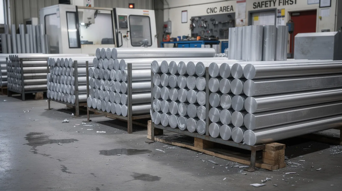 The image shows various raw metal billets made of aluminum and titanium, neatly stacked in a workshop, ready for CNC machining. These materials are essential for producing high precision components in the aerospace industry, particularly for critical engine parts and structural components.
