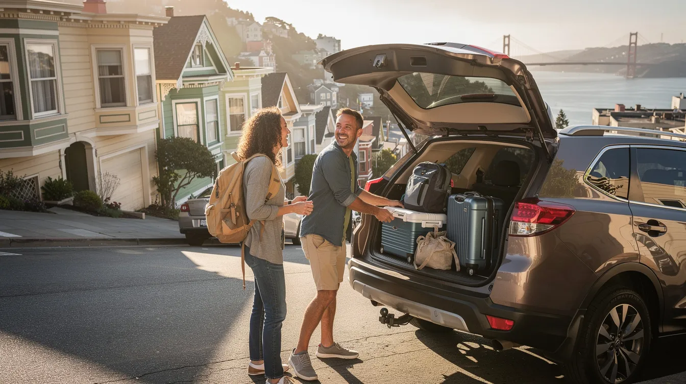 A happy couple is packing their car with luggage and travel essentials, excitedly preparing for their vacation in San Francisco. Their smiles and affectionate body language reflect a loving relationship built on mutual respect and open communication.
