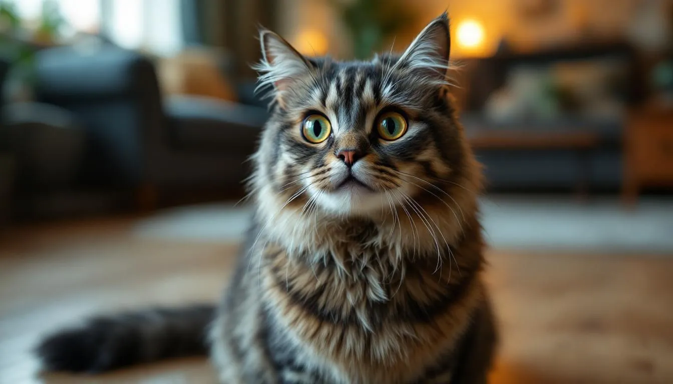 Een oudere kat kijkt verward in een vertrouwde kamer, wat kan wijzen op cognitieve dysfunctie of dementie bij de kat. Deze gedragsverandering kan het gevolg zijn van leeftijdsgebonden veranderingen in de hersenen, waardoor de kat moeite heeft met het herkennen van zijn omgeving.