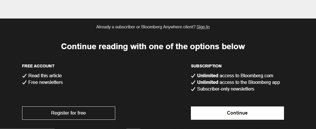 An example of a paywall as seen on Bloomberg.com
