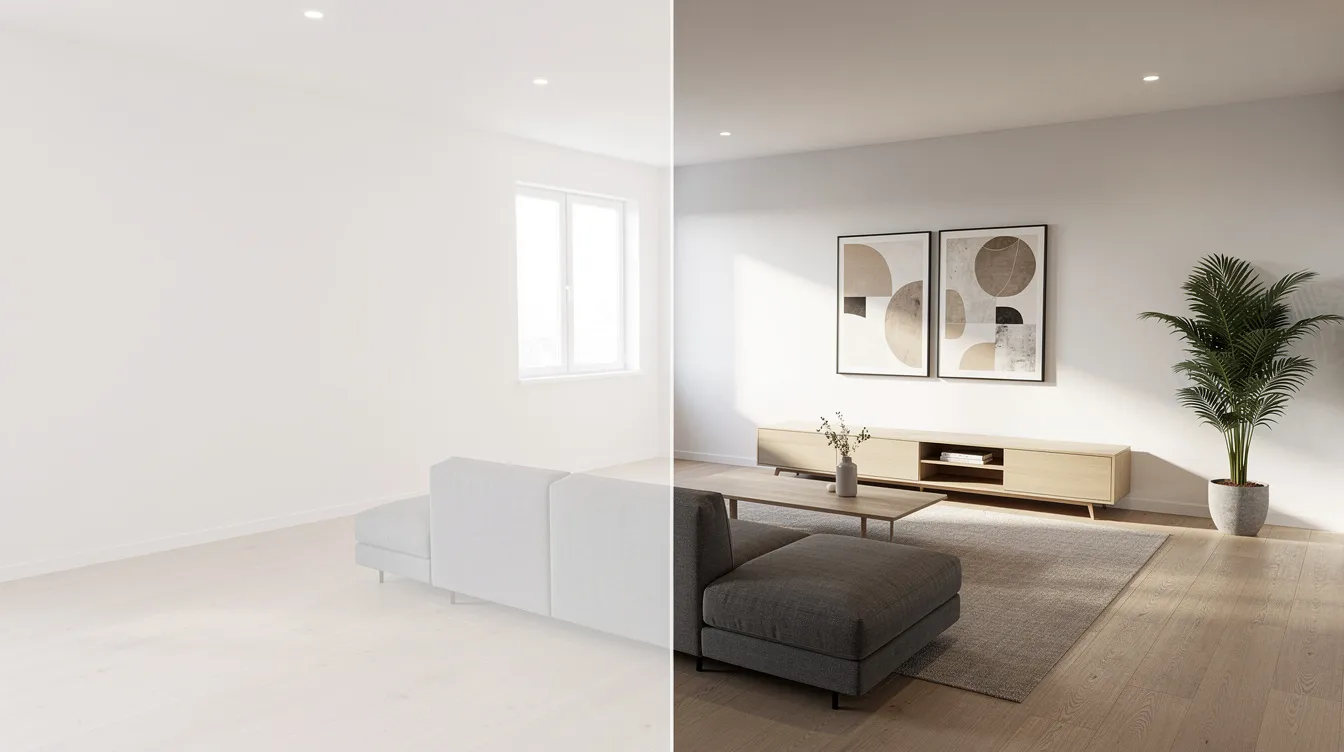 The image features a split screen, with the left side displaying an empty white room, while the right side showcases the same room virtually staged with modern furniture, illustrating effective real estate marketing strategies to attract potential buyers. This visual contrast highlights the importance of staging in real estate listings for generating interest and leads.