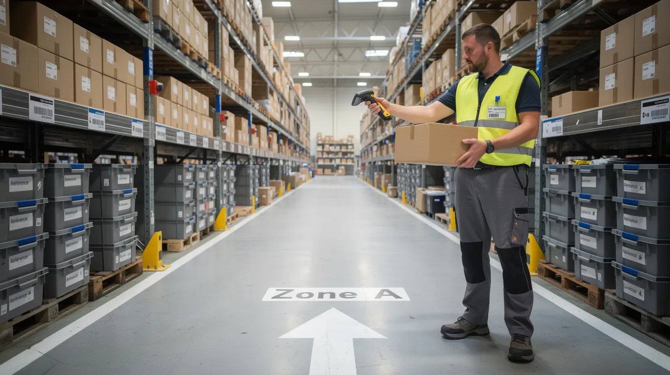 Employé scannant un produit dans un entrepôt organisé.