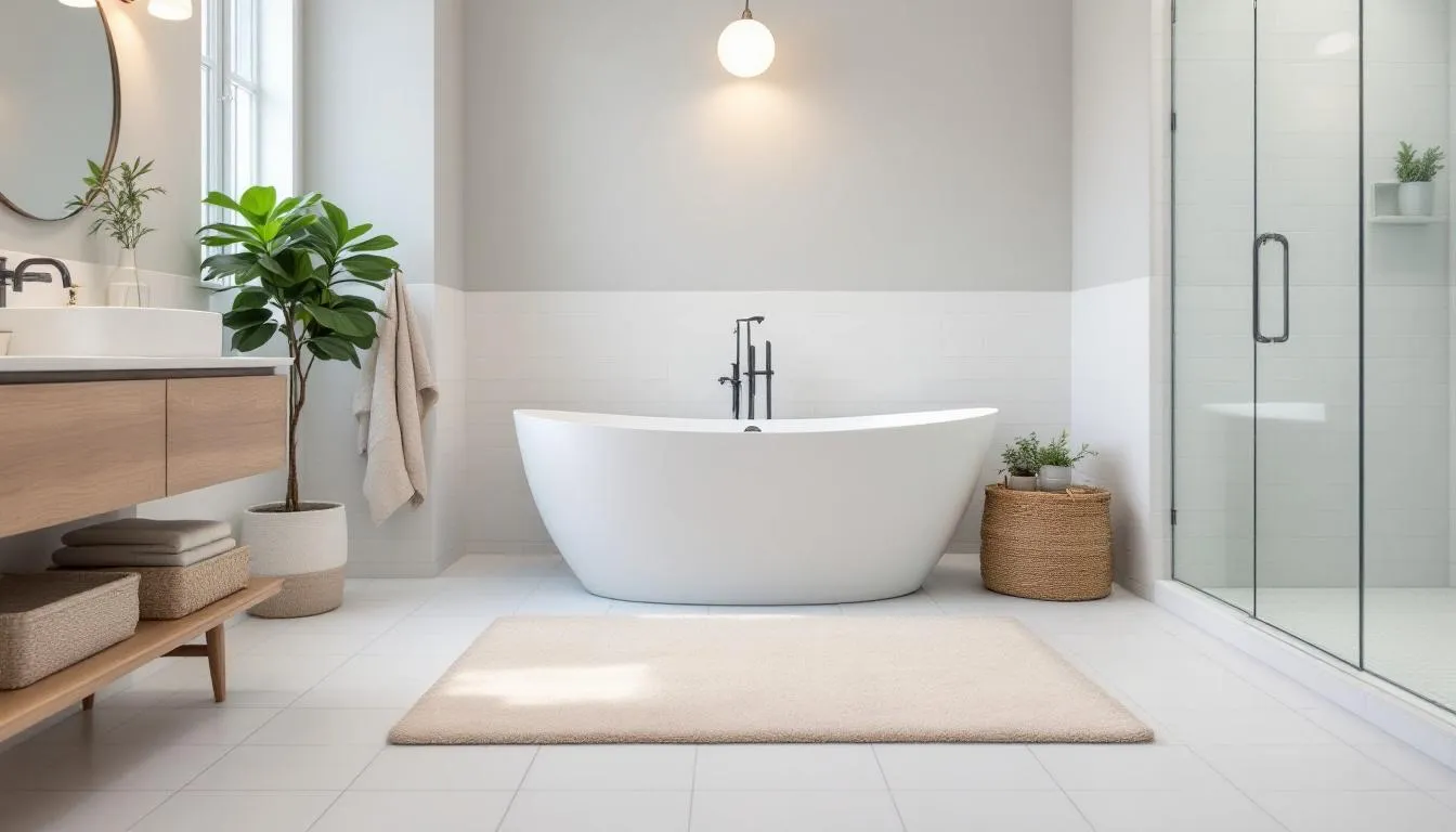 A cozy bathroom features a quick-dry rug placed beside a bathtub, providing a soft and absorbent surface for stepping out of the bath. The rug's low pile design makes it a great choice for high traffic areas, ensuring durability and easy cleaning.