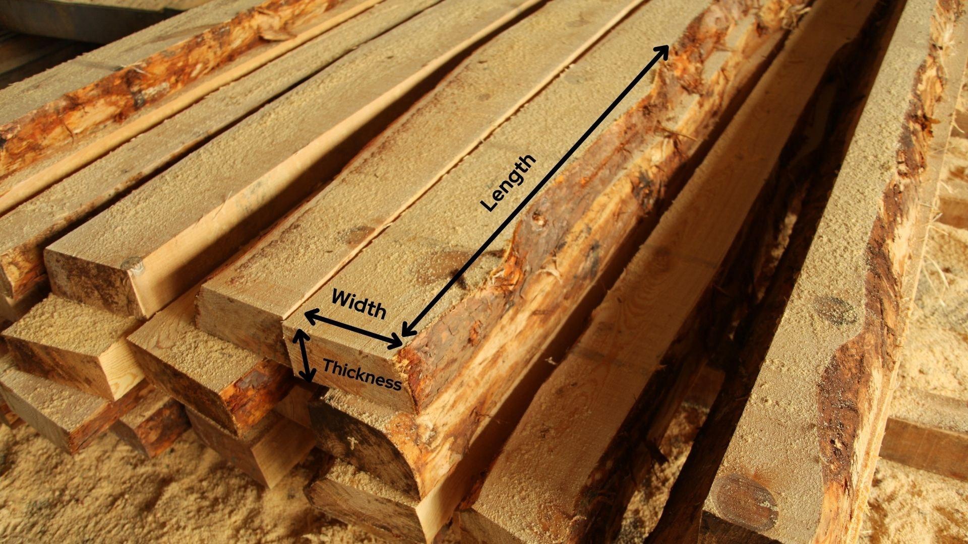 An illustrated image of a dimensional lumber showing what sides are considered the width, length and thickness.
