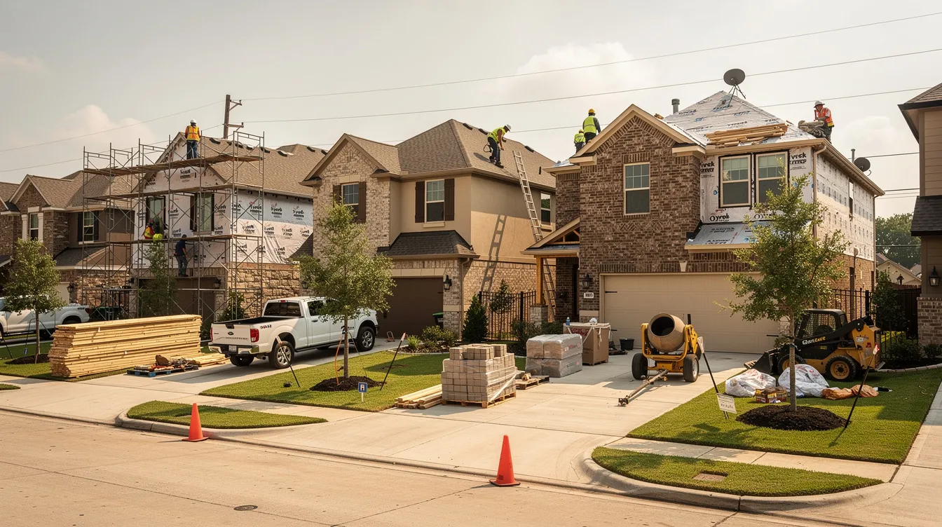 The image depicts a suburban neighborhood in Houston, showcasing several homes that are currently undergoing renovation and construction. The scene highlights the active development in the area, which may attract investors seeking hard money loans for their real estate projects.