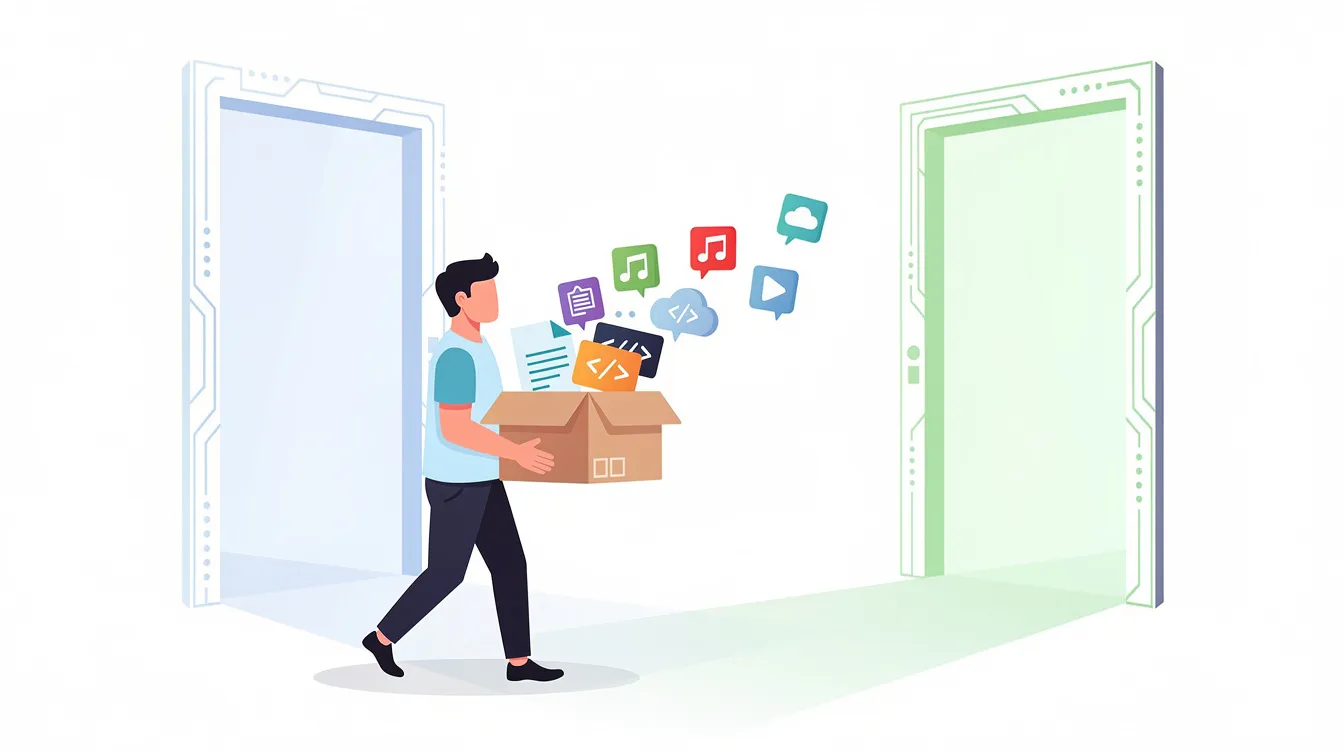 The illustration depicts a person carrying a box filled with digital content items, symbolizing the process of platform migration from one doorway to another. This visual represents the transition to an all-in-one platform for creating and selling online courses, highlighting the importance of user-friendly course creation and advanced marketing automation features.