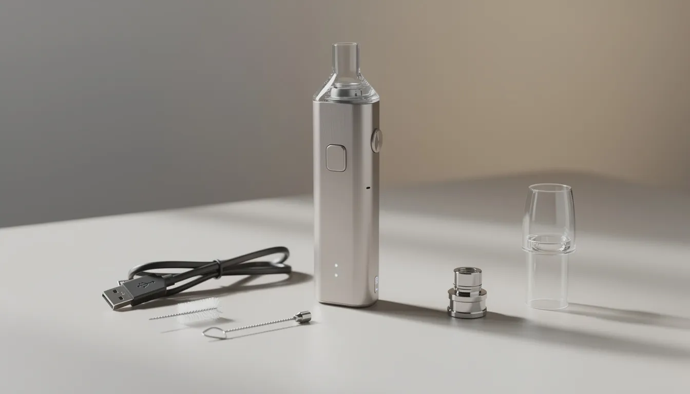 Das Bild zeigt einen hochwertigen tragbaren Vaporizer von Storz & Bickel, platziert auf einem minimalistischen Tisch zusammen mit Zubehör. Der Venty Vaporizer besticht durch sein modernes Design und bietet eine schnelle Aufheizzeit sowie eine hervorragende Dampfqualität.