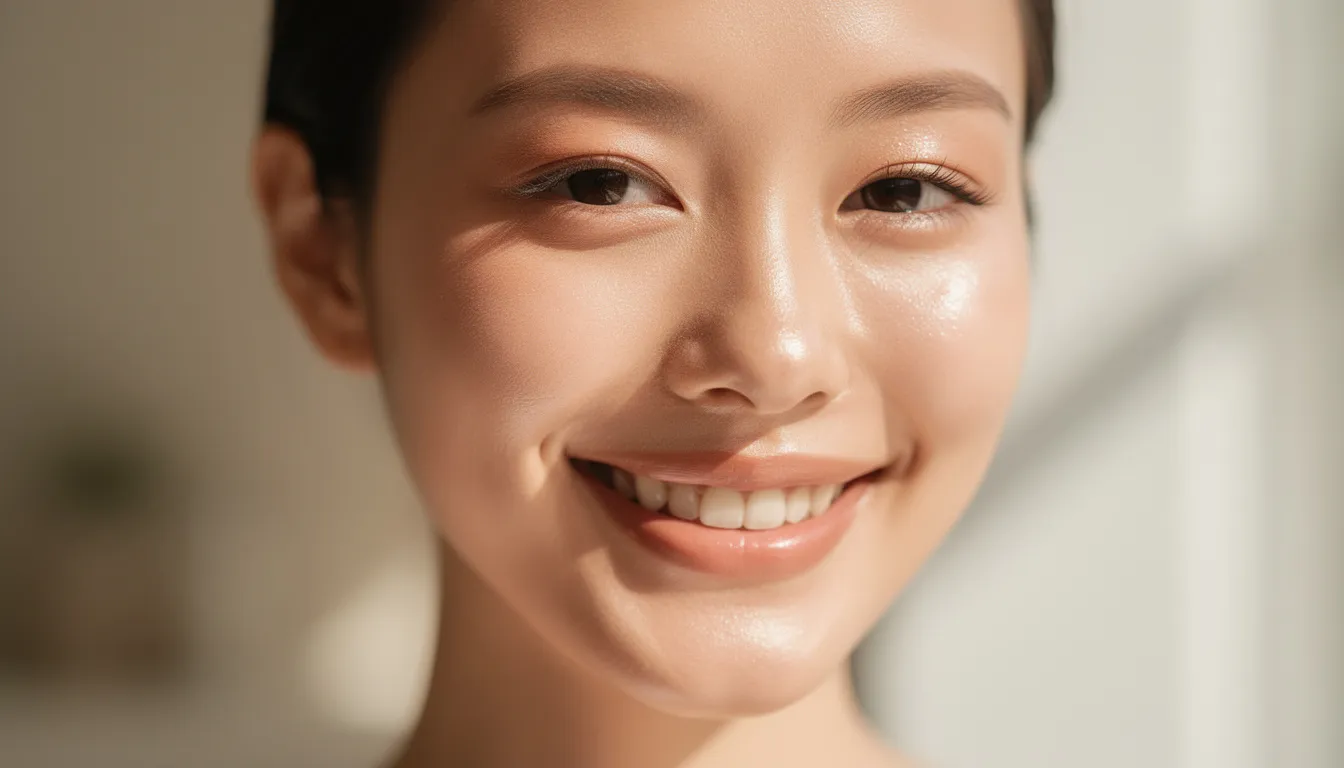 A person with healthy, glowing skin is smiling naturally in soft natural lighting, showcasing a youthful complexion and smooth skin texture. This image highlights the importance of skin health and the potential benefits of anti-aging treatments, including peptide therapy and collagen production, for achieving a radiant appearance.