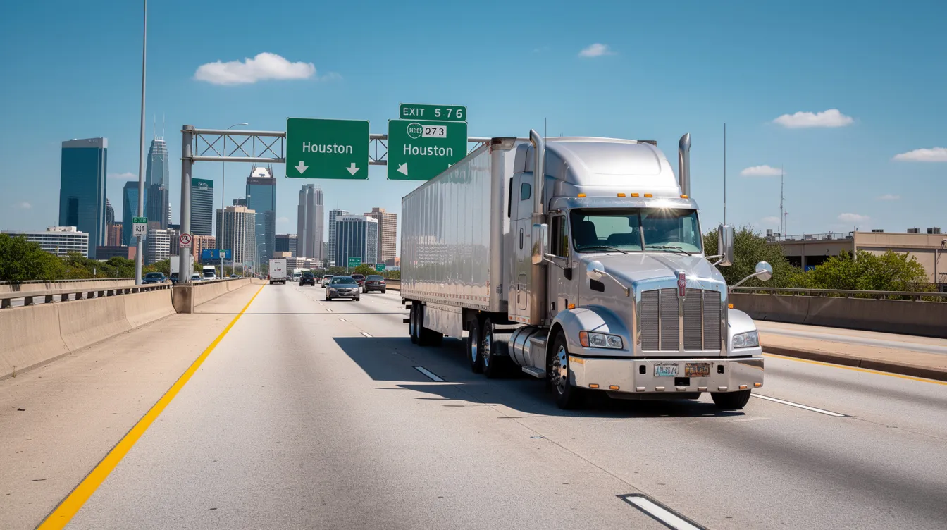 Un camión de 18 ruedas circula por una autopista de Houston en un día soleado, rodeado de tráfico y otros vehículos. Esta imagen representa la importancia de la seguridad vial y los posibles accidentes de camión que pueden ocurrir en la ciudad.