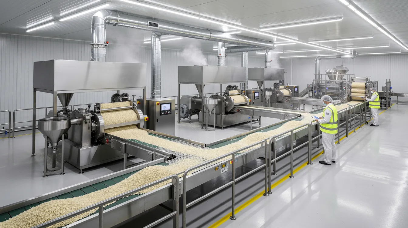 6ec654b4 6400 470b bd9d d73f01298639 The image depicts a modern rice flakes processing facility featuring sleek steel machinery and conveyor belts in a pristine industrial environment. This setting highlights the advanced manufacturing process involved in producing flattened rice, also known as poha, which is a key product in the food processing industry.