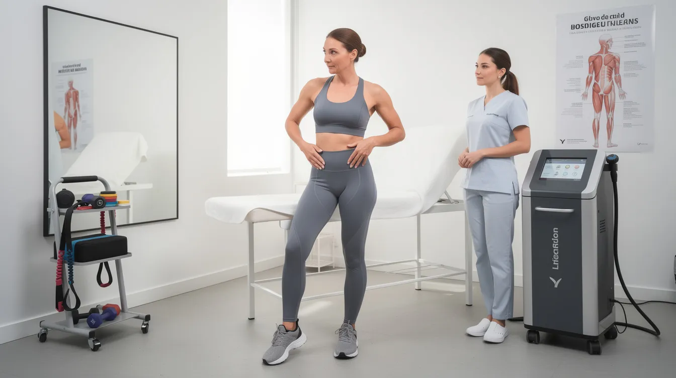 A person in activewear is sitting on a consultation chair, discussing their glute-focused fitness and body contouring goals with a board-certified plastic surgeon. The consultation emphasizes non-surgical options, such as non-surgical butt augmentation and personalized treatment plans to achieve desired outcomes.