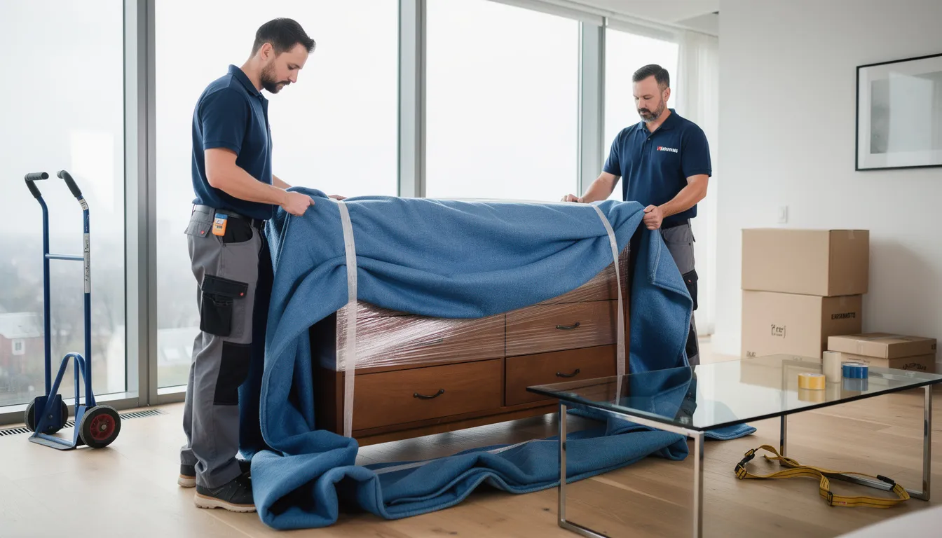 In a modern apartment, professional movers are diligently wrapping furniture with high-quality packing materials, ensuring each piece is carefully packed for a seamless relocation process. This scene highlights the expertise of experienced packers in providing stress-free moving services.