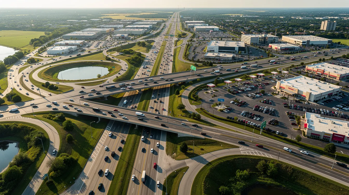 Aerial view of a highway interchange and surrounding commercial development.