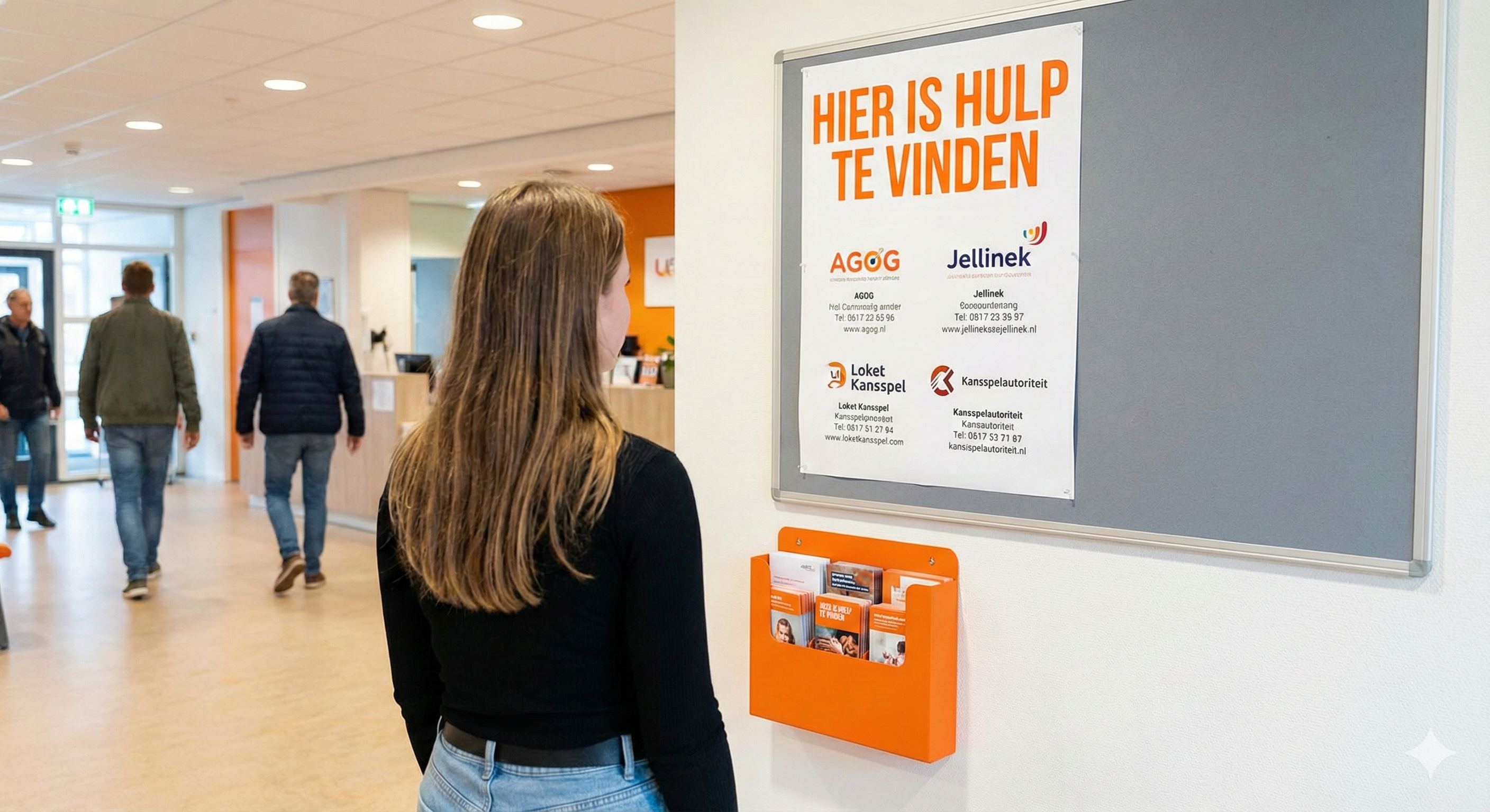 Persoon leest informatiebord met hulpinstanties voor gokproblemen in een openbare ruimte, met contactgegevens van Nederlandse hulporganisaties.