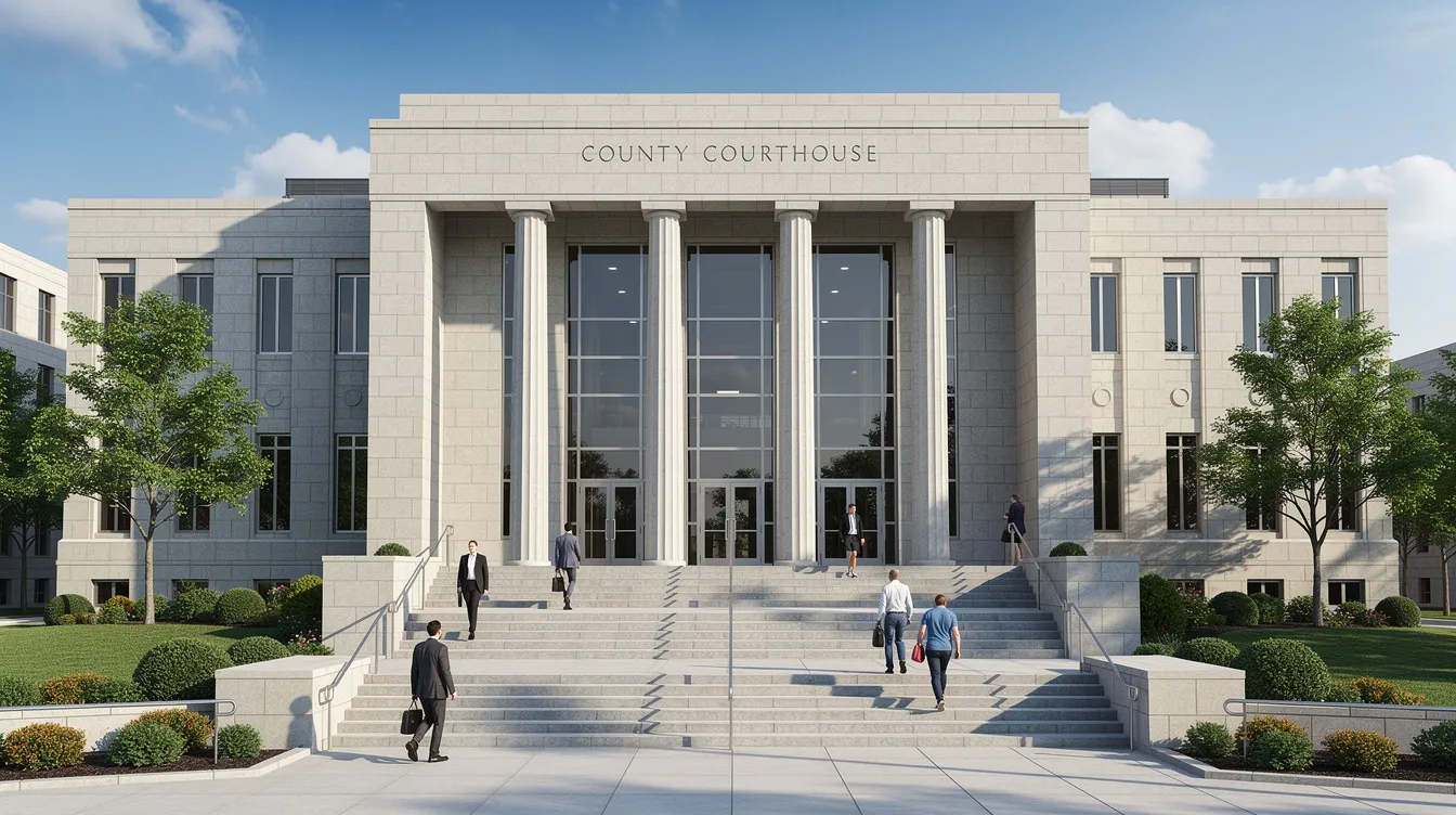 The image depicts a modern county courthouse featuring grand columns and wide stone steps, symbolizing the legal framework that supports lien rights and mechanics liens in Tennessee. This imposing structure serves as a venue for legal claims related to construction projects, where property owners and lien claimants address payment disputes and enforce their rights.