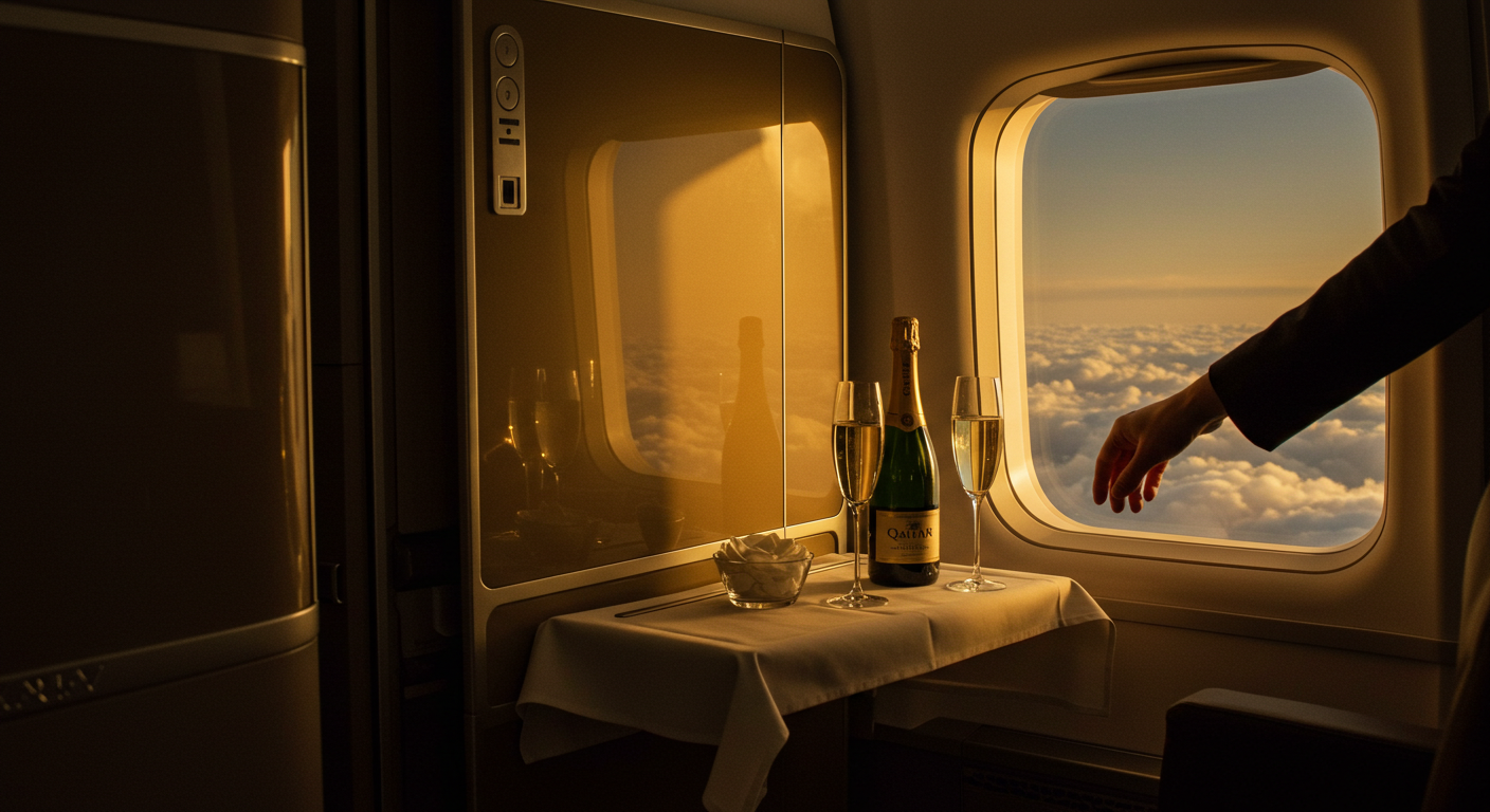 Subtle scene inside Qatar Airways Qsuite showing soft cabin lighting, champagne, and a closing privacy door symbolizing comfort and exclusivity.