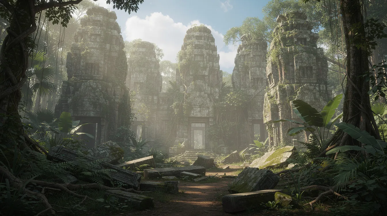 Ruínas de um antigo templo com altas torres de pedra, cercadas por vegetação verde exuberante, evocando a rica história e cultura da Tailândia, especialmente em regiões como Chiang Mai e Chiang Rai. Este cenário remete a passagens de um roteiro que explora os templos e a natureza do sudeste asiático.