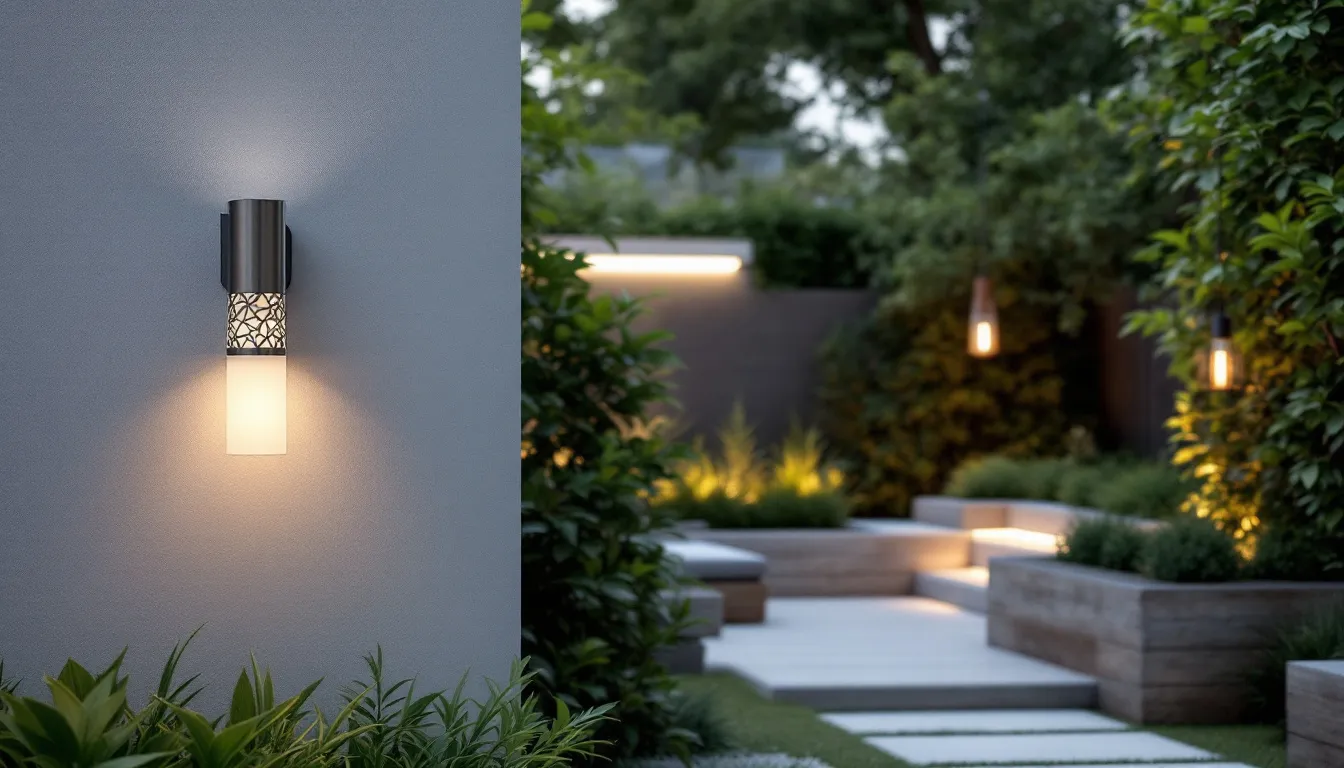 Various styles of outdoor wall sconce LEDs displayed in a garden setting.