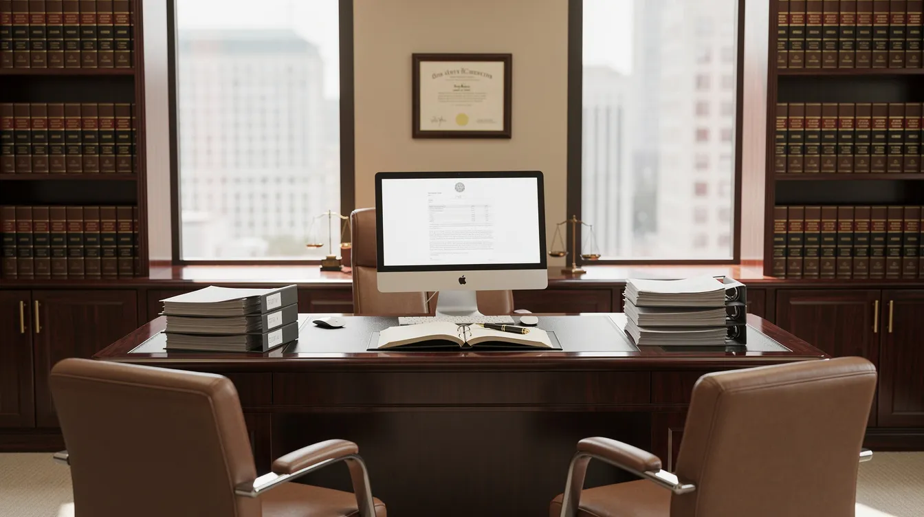 The image depicts a professional law office featuring a consultation desk surrounded by legal documents, symbolizing a welcoming environment for clients seeking assistance with personal injury cases in Torrance, CA. The setting suggests a focus on providing personalized legal services and support for injury victims dealing with mounting medical bills and seeking fair compensation.