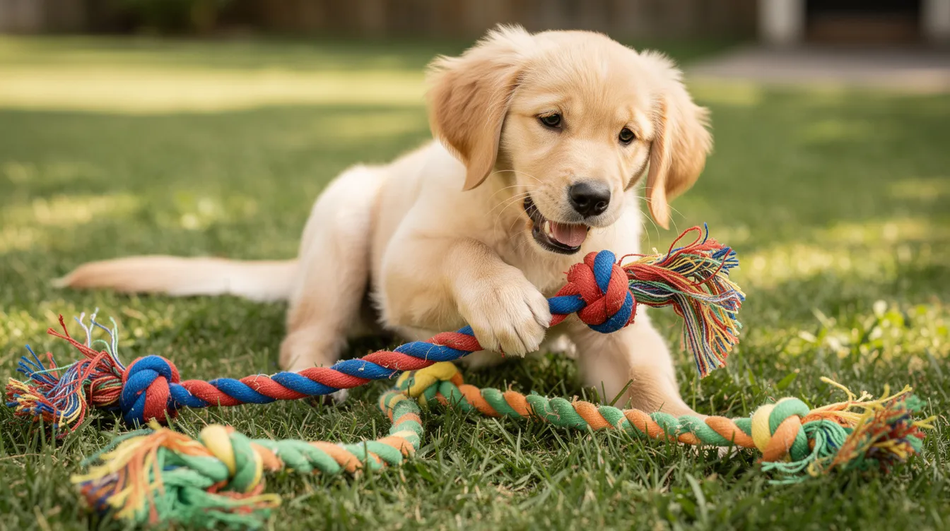 Ein verspielter Golden Retriever zerrt freudig an einem bunten Seilspielzeug, während er auf saftig grünem Gras steht. Er verkörpert den Geist des Spaßes und der Kameradschaft, den Tierbesitzer schätzen. Diese Szene unterstreicht die Bedeutung von hochwertigem Heimtierbedarf im Dropshipping-Geschäft und spricht alle an, die online in der Nische für Heimtierprodukte verkaufen möchten.