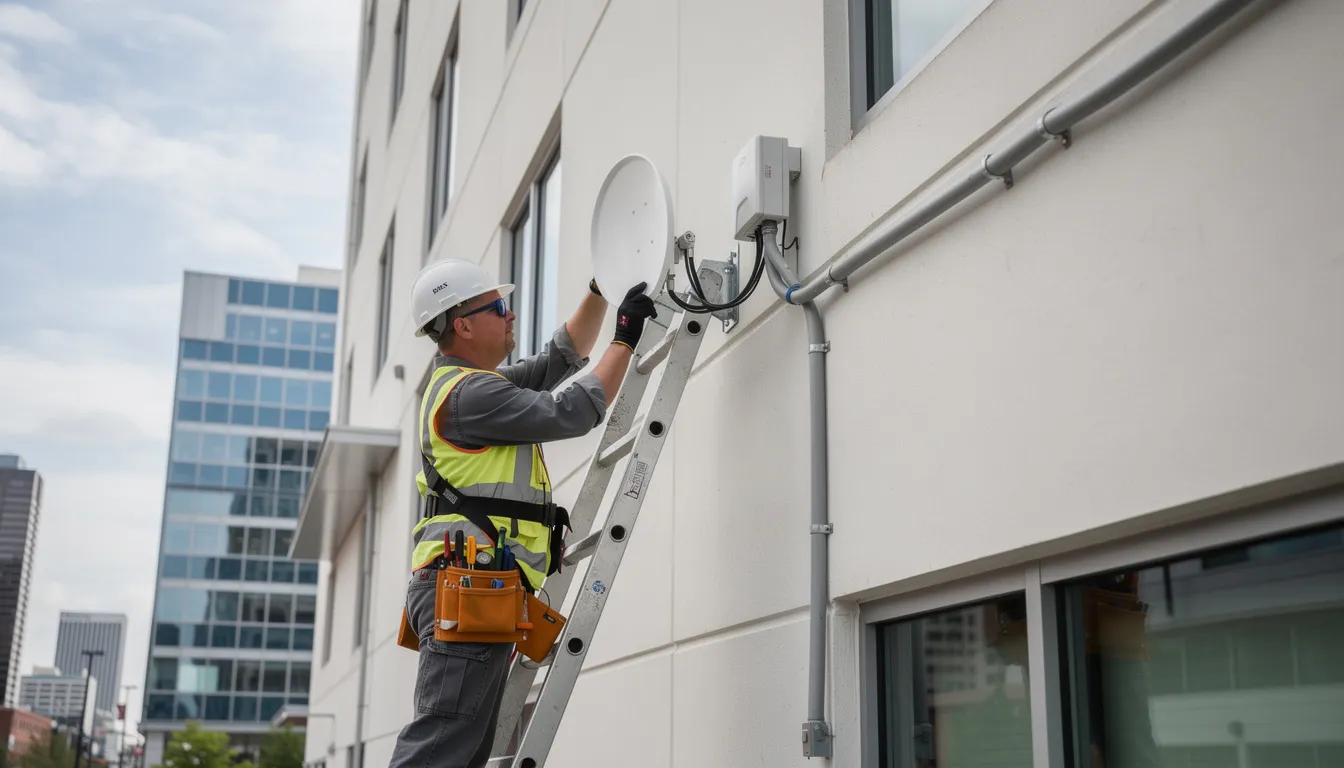 A technician is seen installing a satellite dish on the exterior of a building, ensuring proper alignment for optimal signal reception. This professional DSTV installation service aims to provide reliable home entertainment solutions in Century City.