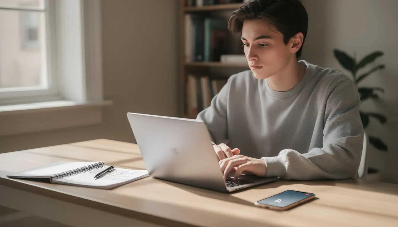 A focused student sits at a desk equipped with a laptop, notebook, and phone, exemplifying a productive remote work environment. This scene highlights the benefits of telecommuting, showcasing a dedicated workspace that promotes job satisfaction and a healthy work-life balance.