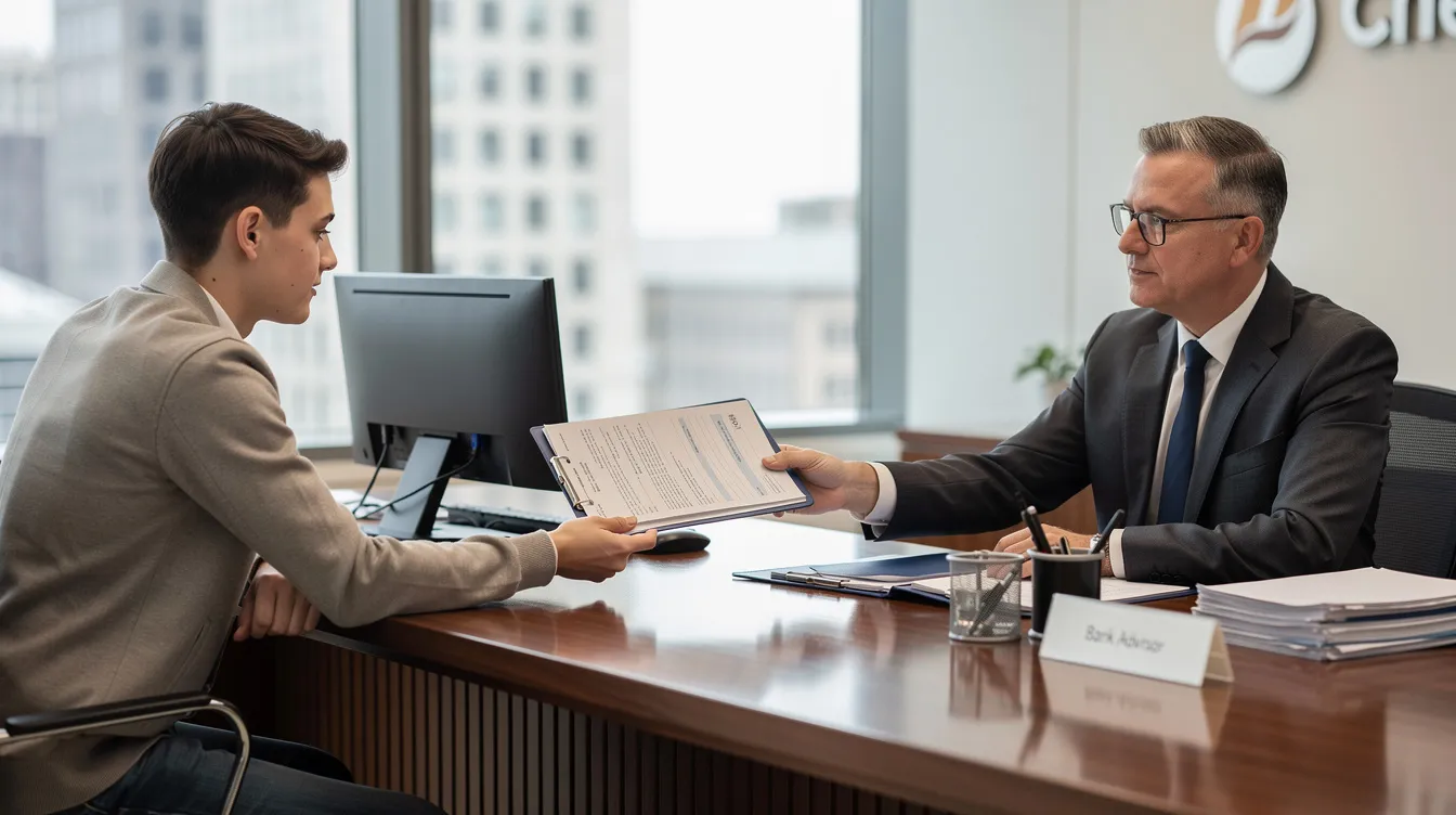 A young person is seated across a desk from a bank official, presenting a neatly organized file of documents, which may include identity proof and bank statements, as part of their application for a mudra loan or other financial assistance for small enterprises. The interaction highlights the process of seeking funding from financial institutions to support micro and small businesses.