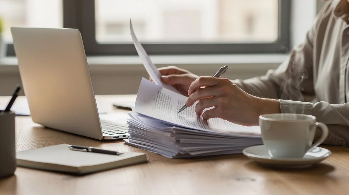 A person is seated at a desk, reviewing documents while using a laptop, with a coffee cup nearby. The scene suggests a focus on financial matters, possibly related to home equity loans or personal loans, as they assess their credit options and repayment terms.