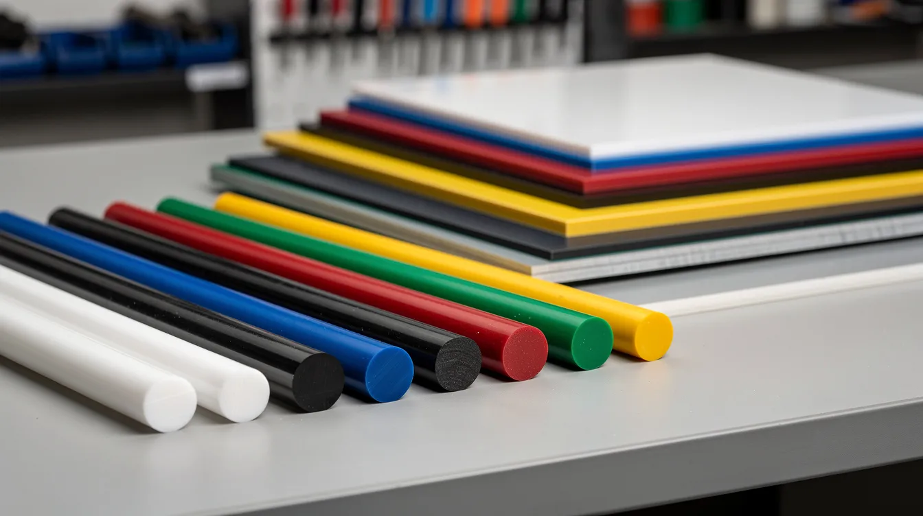 The image features an assortment of engineering plastic rods and sheets in various colors, neatly arranged on a workshop table, showcasing different plastic materials used in CNC machining. These materials are known for their mechanical properties, including chemical resistance and high impact strength, making them suitable for precision CNC machined plastic parts.