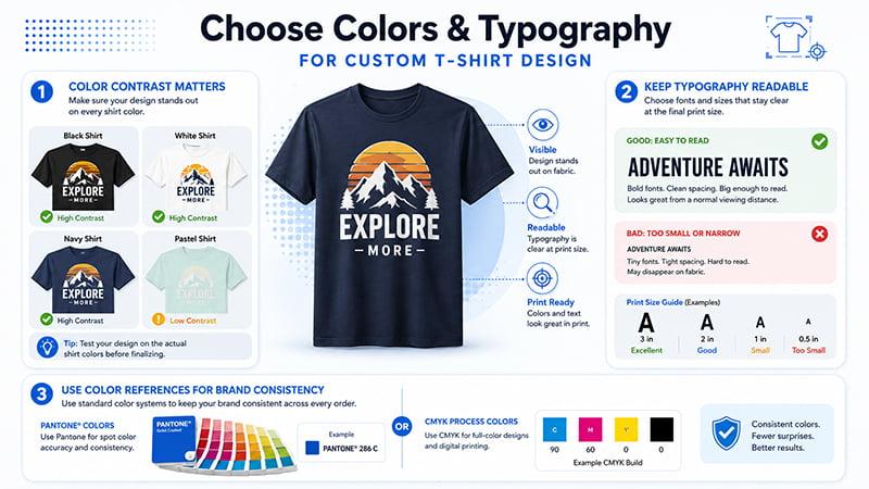 Color and typography tips for custom T-shirt printing with contrast and readability examples.
