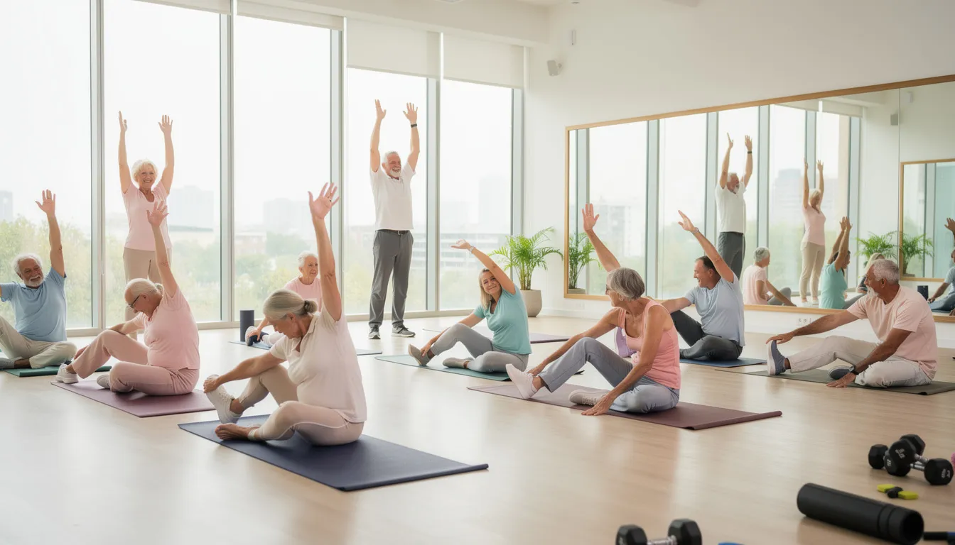The image depicts older adults engaging in light stretching exercises within a bright fitness studio, promoting healthy aging and cellular health. This scene reflects the importance of maintaining physical performance and overall well-being as part of a proactive approach to aging.