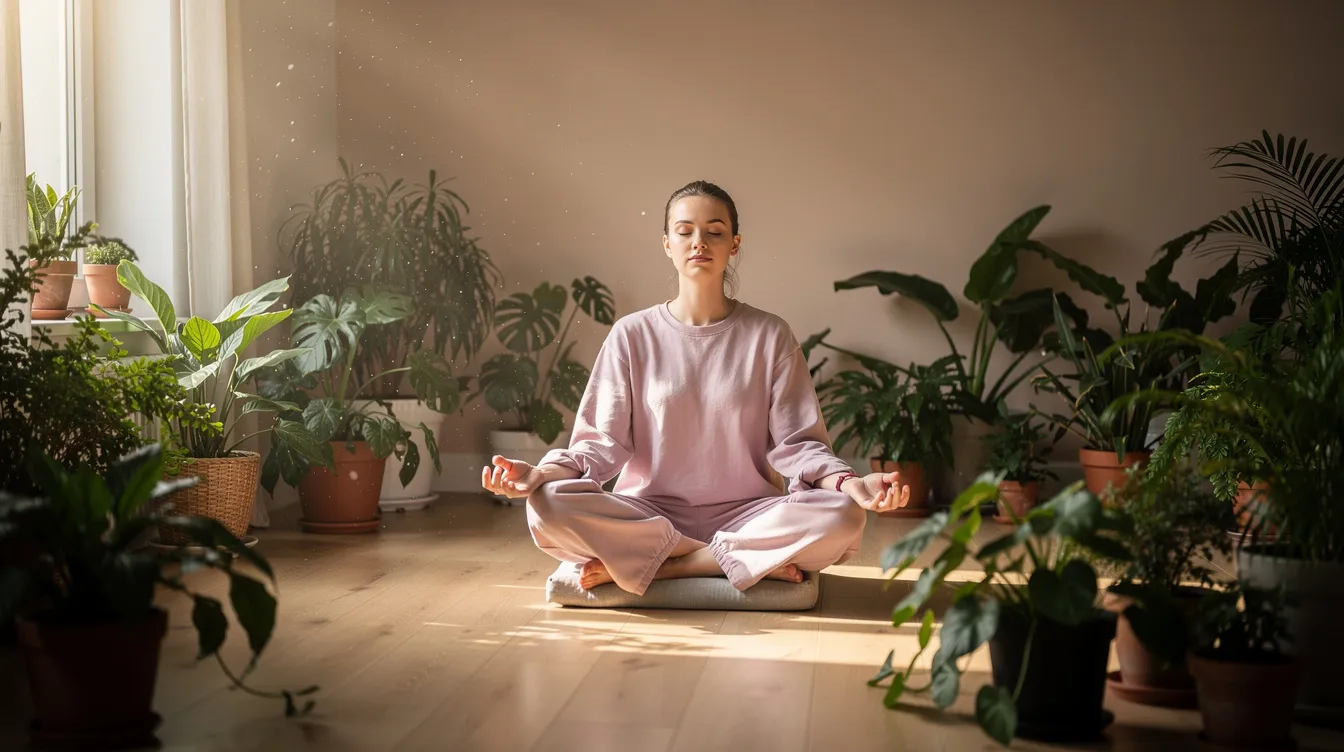 A person is meditating peacefully in a serene setting filled with lush plants and soft natural light, promoting relaxation and reducing stress. This tranquil environment can help improve sleep quality by lowering cortisol levels and enhancing overall sleep hygiene.