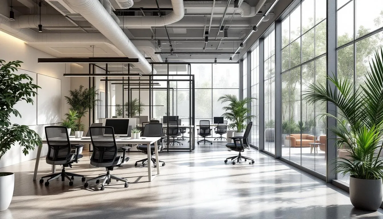 In the image, a modern architecture office features large windows allowing natural light to flood the collaborative workspace, promoting well-being and productivity among employees. The open design encourages communication and teamwork, reflecting the importance of innovative working conditions in today's industry.