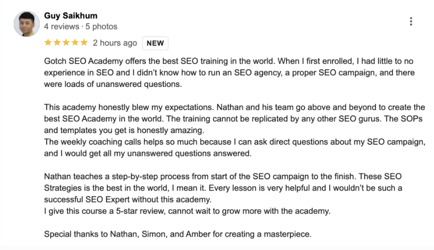 Gotch SEO Academy review of one SEO student