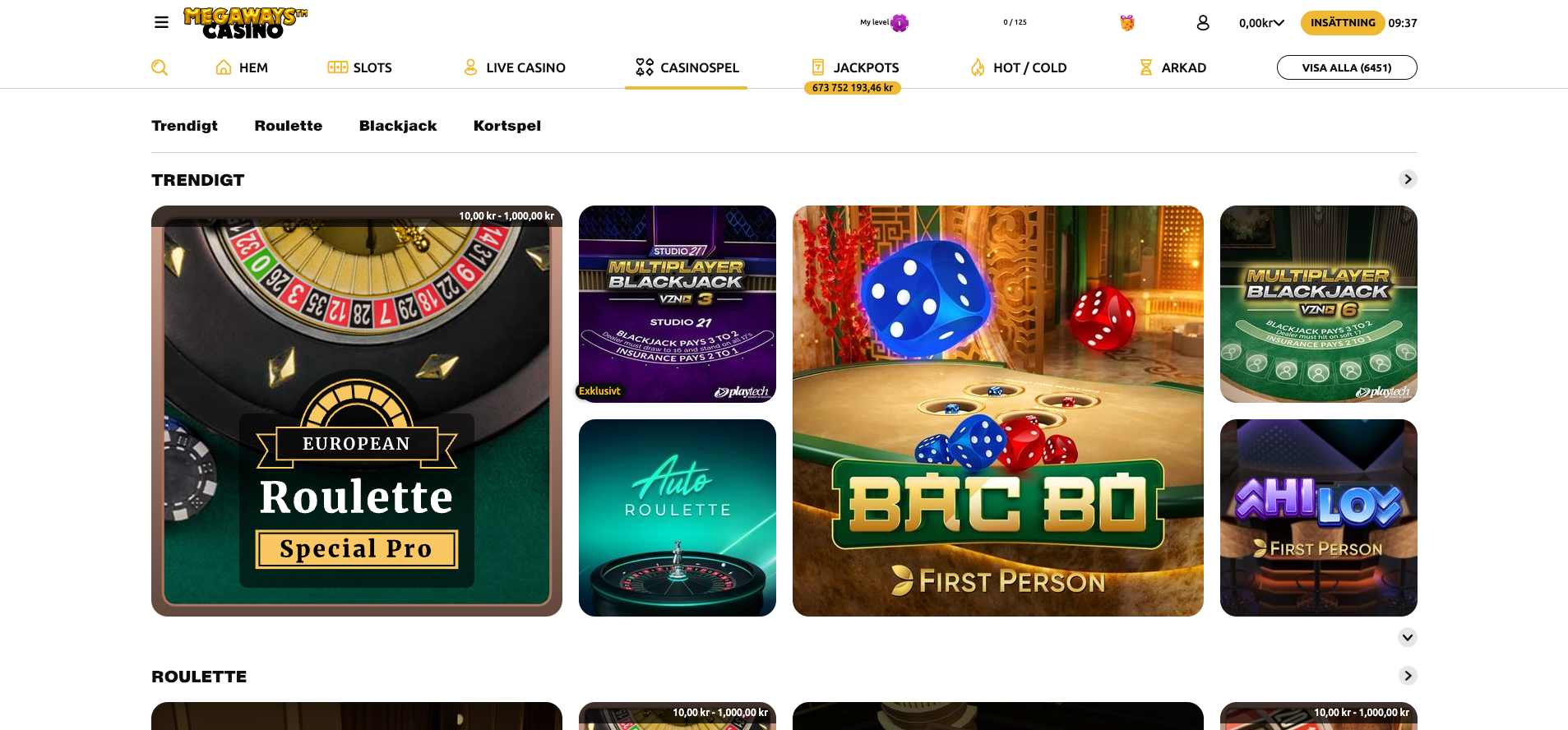 Bordsspel hos Megaways Casino med roulette, blackjack, baccarat och andra klassiska casinospel.