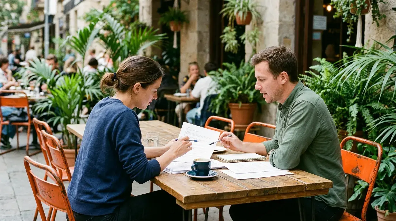 Couple reviewing visa documents together at an outdoor cafe table