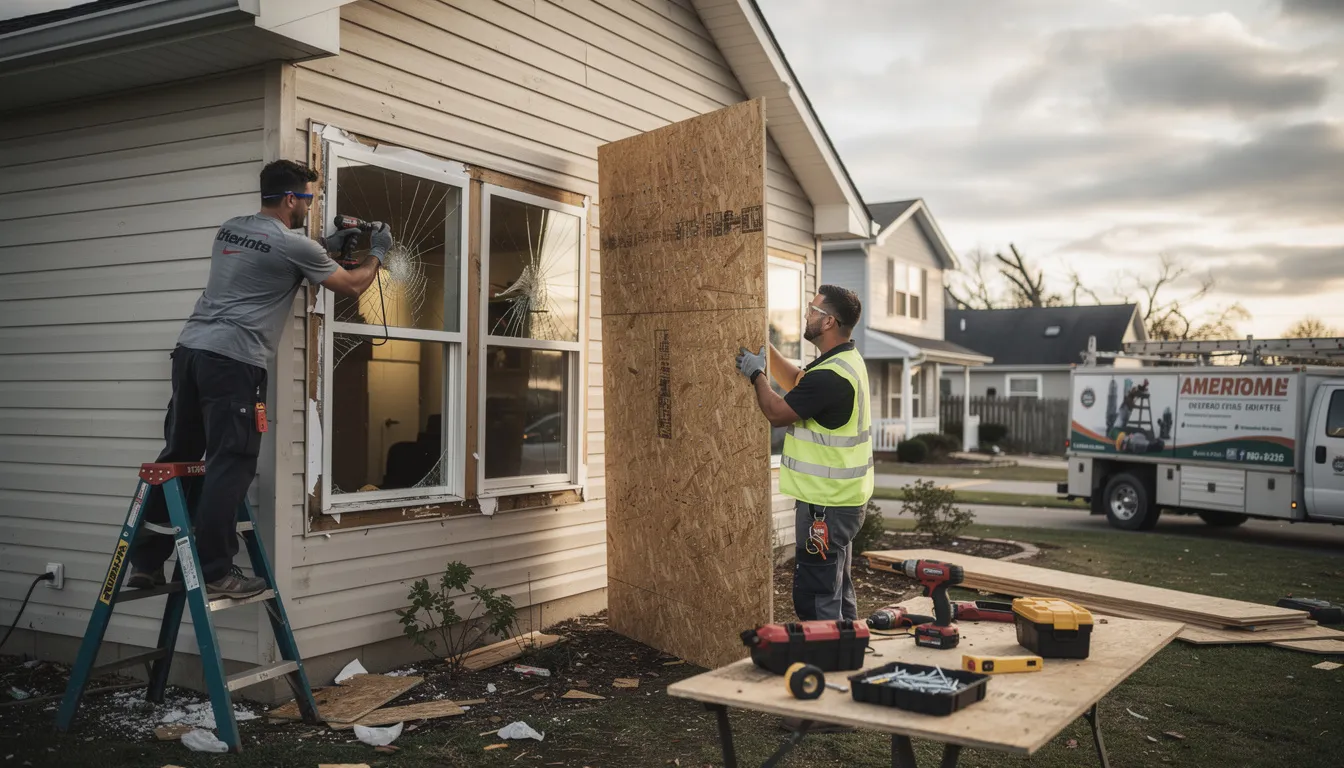 A professional restoration crew is seen securing plywood over broken windows of a residential property in Houston, Texas, to provide emergency board up services and minimize further damage during a storm. This critical step protects the home from potential theft and weather-related issues while the restoration process begins.