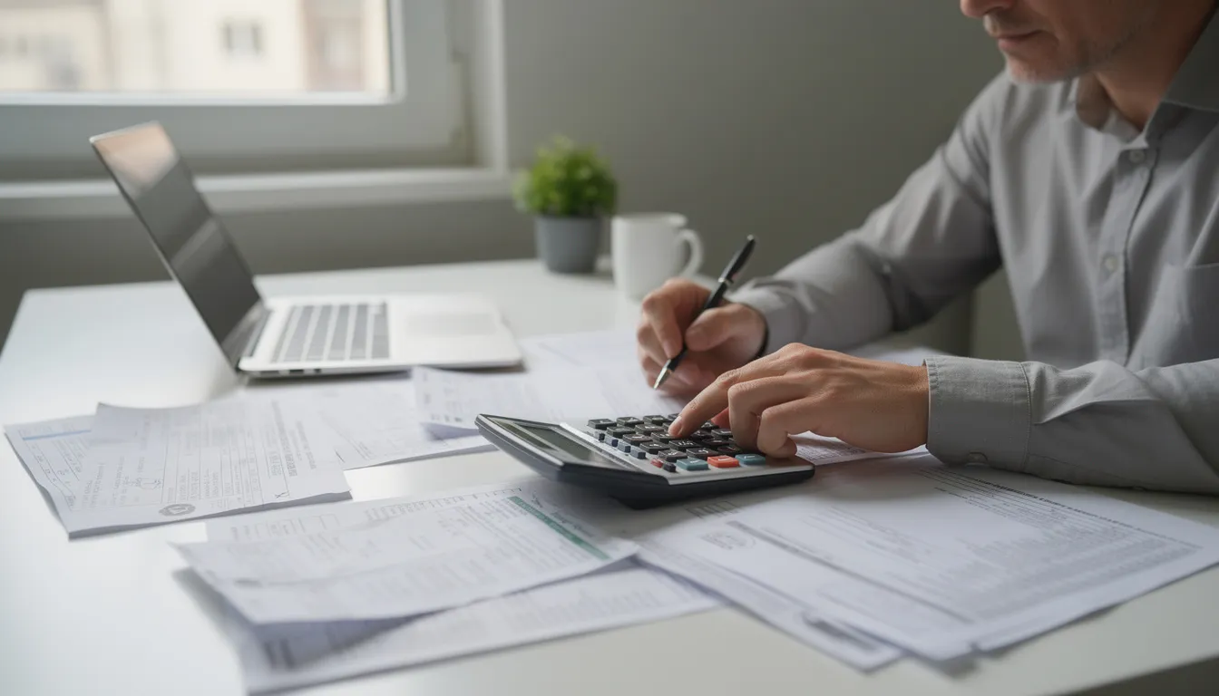 A person is focused on using a calculator while reviewing various financial documents and paperwork related to property investment. This scene highlights the importance of analyzing investment opportunities in the UK property market for informed decision-making.