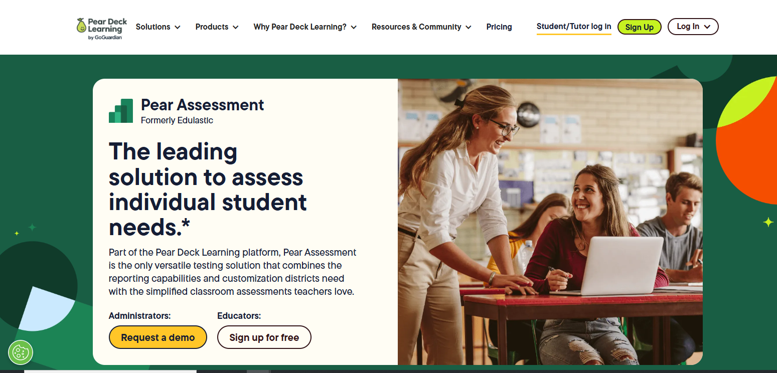 Pear Assessment homepage showcasing a formative assessment platform with personalized student assessment, classroom reporting, and educator-friendly evaluation tools.