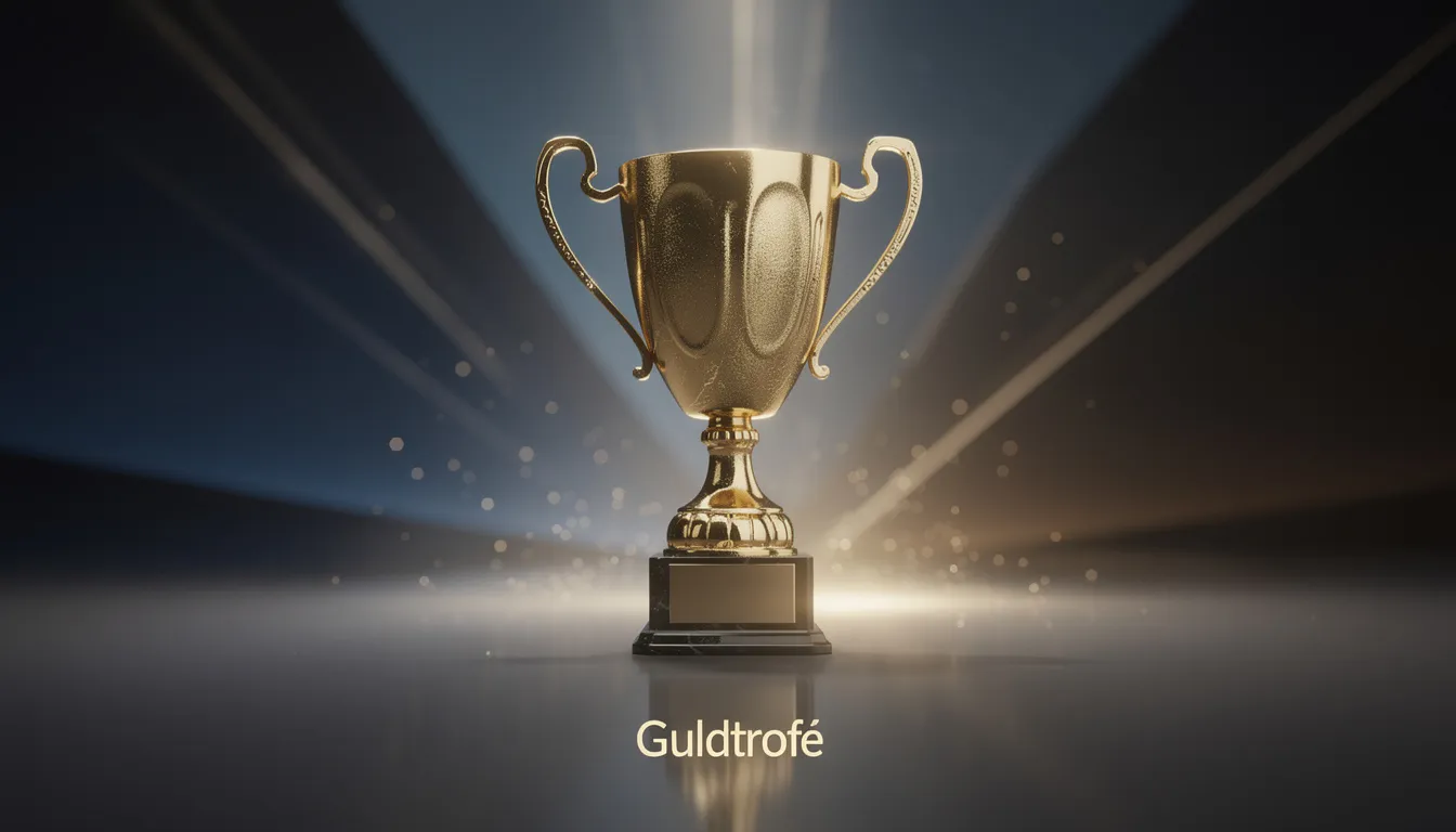 En glänsande guldtrofé står i fokus mot en modern bakgrund med färgstarka ljuseffekter, vilket ger en känsla av spänning och festlighet. Trophén representerar framgång inom spel, som att spela hos Leovegas, där spelare kan njuta av ett brett utbud av online casino och live casino upplevelser.