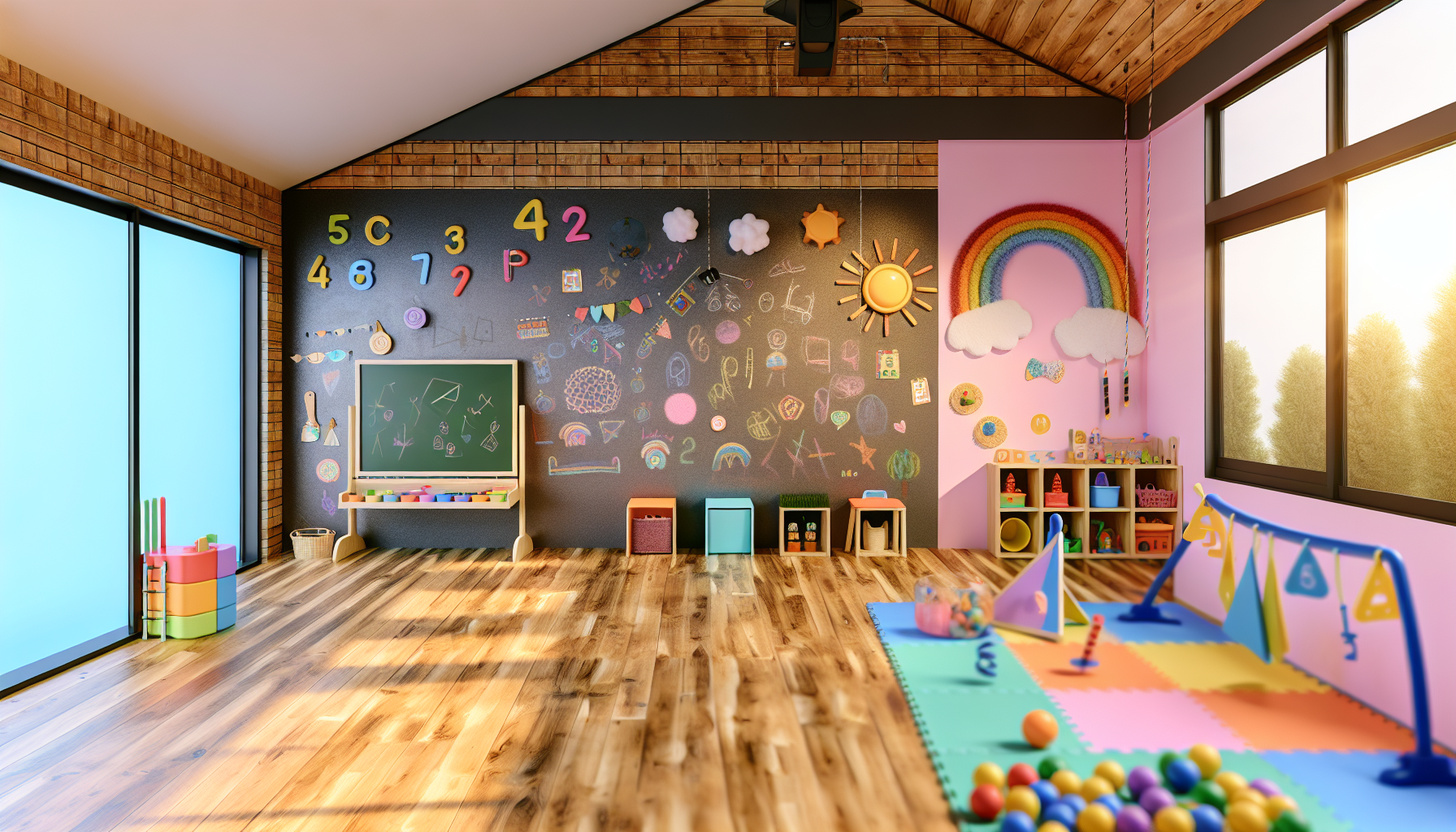 Interactive elements like chalkboards and sensory play stations