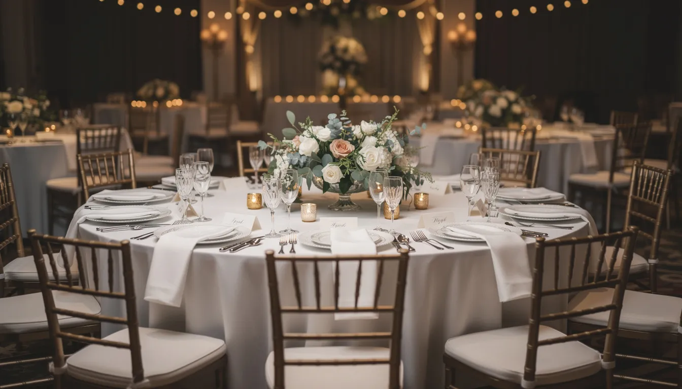 Une table de mariage élégamment dressée, ornée de centres de table raffinés et illuminée par des lanternes, créant une ambiance romantique. La décoration de table met en valeur des éléments en rose gold et des détails soignés, parfaits pour un événement mémorable.